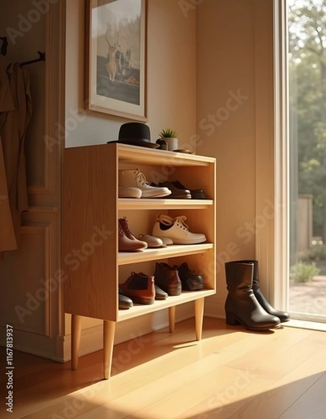 Fototapeta Stylish Wooden Shoe Rack for Modern Entryway Organization create with ai