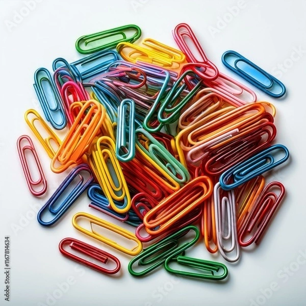 Fototapeta A pile of colorful paper clips arranged neatly, isolated on a white background.