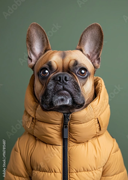 Obraz A French Bulldog in a Yellow Puffa Jacket Against a Green Background