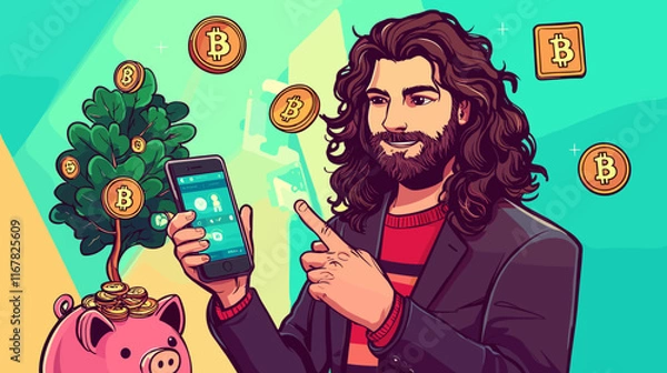 Obraz A man with long curly hair confidently points to his smartphone, showcasing cryptocurrency in a vibrant setting. Bitcoin coins and a piggy bank symbolize financial growth.