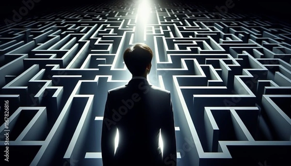 Fototapeta A businessman in a maze is looking for the right way out, symbolizing problems and solutions.
