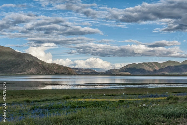 Obraz Beautiful tibetan landscape beetwen Samding Monastery on Yamdrok Lake, Tibet