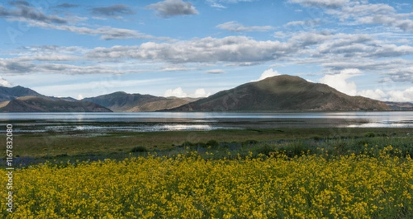 Obraz Beautiful tibetan landscape beetwen Samding Monastery on Yamdrok Lake, Tibet