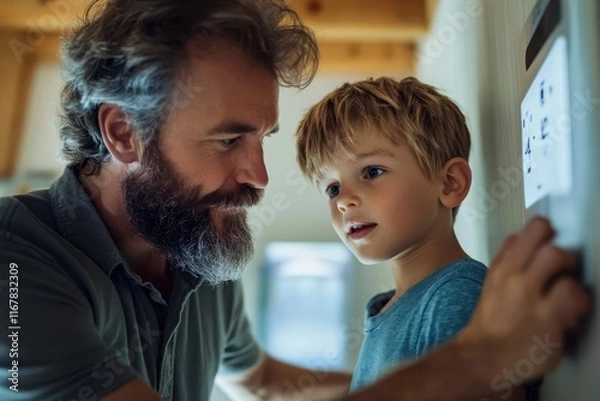 Fototapeta Father teaches son about technology during an afternoon at home, fostering curiosity and learning together