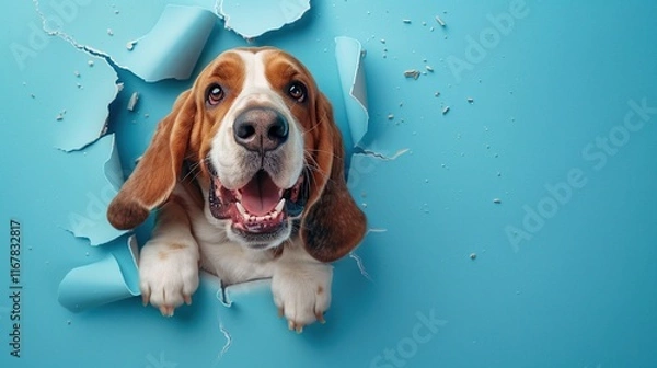 Fototapeta Cute, funny, and cartoonish depiction of a happy Basset hound breaking through a blue wall with a hole in the center. The image is colorful with high resolution, high quality, and high detail.
