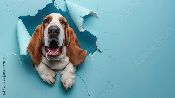 Fototapeta Cute, funny, and cartoonish depiction of a happy Basset hound breaking through a blue wall with a hole in the center. The image is colorful with high resolution, high quality, and high detail.