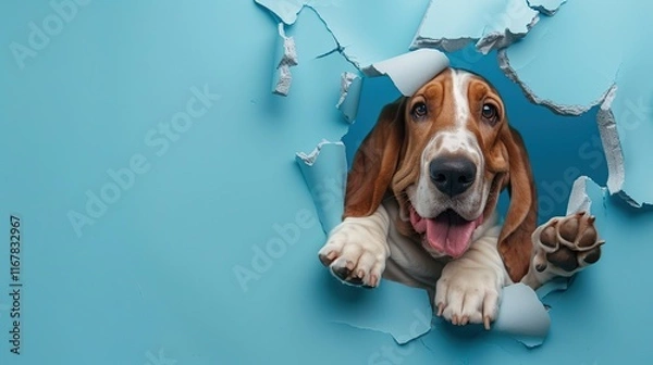 Fototapeta Cute, funny, and cartoonish depiction of a happy Basset hound breaking through a blue wall with a hole in the center. The image is colorful with high resolution, high quality, and high detail.