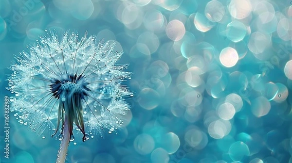 Fototapeta Dandelion Seeds in droplets of water on blue and turquoise beautiful background with soft focus in nature macro. Drops of dew sparkle on dandelion in rays of light