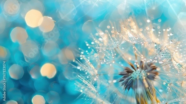 Fototapeta Dandelion Seeds in droplets of water on blue and turquoise beautiful background with soft focus in nature macro. Drops of dew sparkle on dandelion in rays of light
