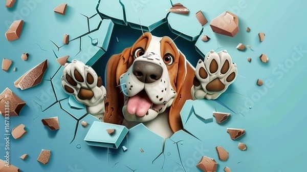 Fototapeta Detailed, high-resolution cartoon of a happy Basset hound breaking through a blue wall with a hole in the center. The image is colorful, funny, and cute, with a solid background color