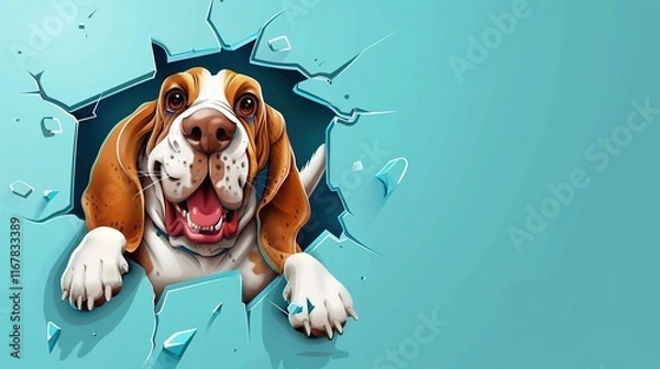 Fototapeta Detailed, high-resolution cartoon of a happy Basset hound breaking through a blue wall with a hole in the center. The image is colorful, funny, and cute, with a solid background color