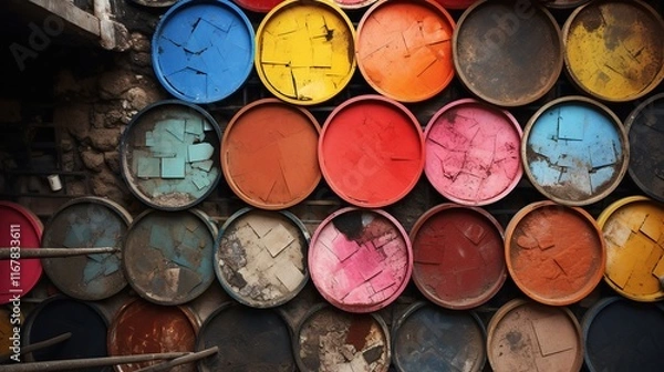 Fototapeta Parches brillantes de materiales de construcciÃ³n hÃ¡bilmente ensamblados en un Ãºnico bodegÃ³n en el que cada elemento destaca por su forma y color, creando una impresiÃ³n visual armoniosa