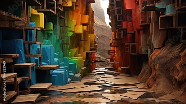 Fototapeta Parches brillantes de materiales de construcciÃ³n hÃ¡bilmente ensamblados en un Ãºnico bodegÃ³n en el que cada elemento destaca por su forma y color, creando una impresiÃ³n visual armoniosa