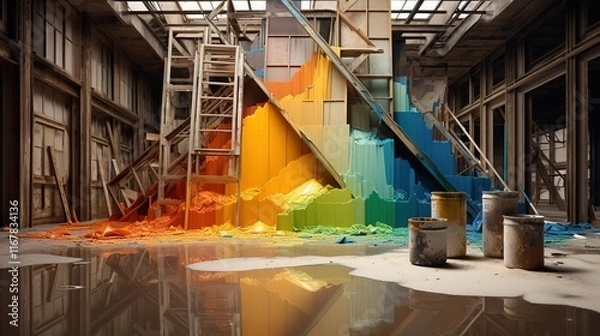 Fototapeta Parches brillantes de materiales de construcciÃ³n hÃ¡bilmente ensamblados en un Ãºnico bodegÃ³n en el que cada elemento destaca por su forma y color, creando una impresiÃ³n visual armoniosa