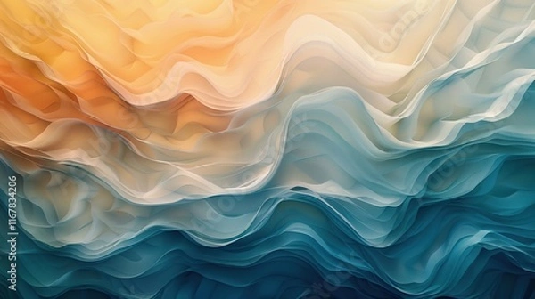 Fototapeta Horizontal waves background in hues of light blue, dark amber, and eggshell, abstract and vibrant