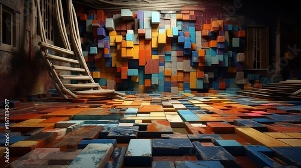Fototapeta Parches brillantes de materiales de construcciÃ³n hÃ¡bilmente ensamblados en un Ãºnico bodegÃ³n en el que cada elemento destaca por su forma y color, creando una impresiÃ³n visual armoniosa
