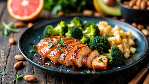 Fototapeta Essential for a low-carb diet: A nutritious meal of chicken breast, broccoli, almonds, grapefruit, avocados for optimal health and weight management.