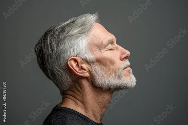 Fototapeta Close-up side profile of a mature man with silver hair and a beard, eyes closed, expressing calmness and introspection against a neutral background.