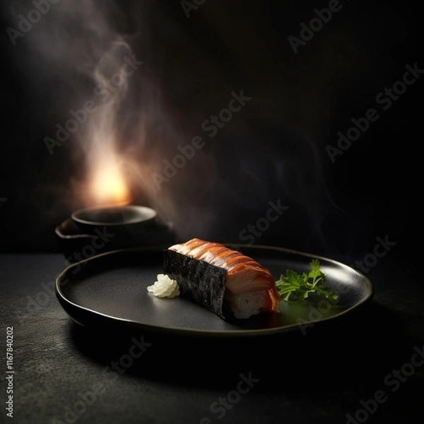 Obraz Sushi sofisticado servido em um prato preto, com vapor sutil ao fundo e iluminação artística. Uma imagem que combina culinária japonesa com estética minimalista.