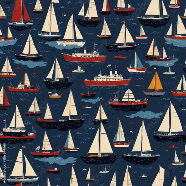 Fototapeta seamless pattern with sailing boats and different types of ships