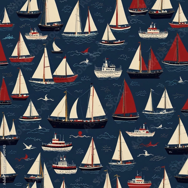 Fototapeta seamless pattern with sailing boats and different types of ships