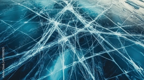 Fototapeta Detailed view of ice surface rapidly cracking, fissures spreading in web-like patterns, abstract art