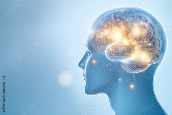 Obraz A conceptual side profile of a human head showcasing a glowing brain with neural network circuitry, symbolizing artificial intelligence, innovation, and advanced technology. 
