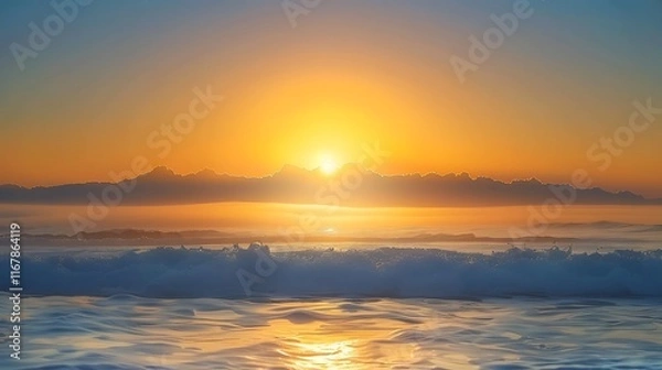Fototapeta Serene Sunrise Over Calm Ocean Waves with Gentle Shoreline Light Reflecting on Water, Creating a Peaceful Coastal Atmosphere at Dawn