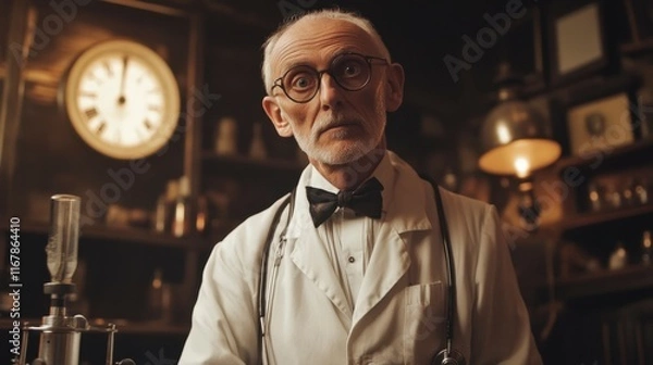Fototapeta Elderly Caucasian Doctor in Vintage Office - Serious