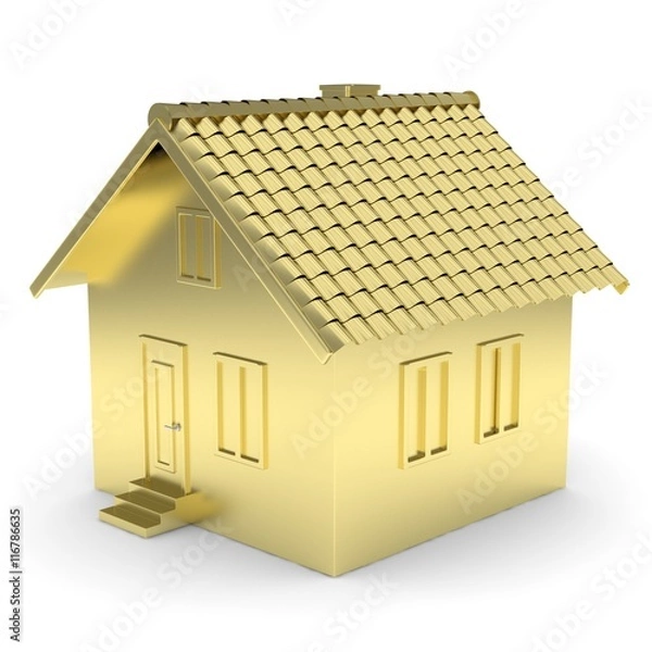 Fototapeta Golden house on white background. Concept of investment in real estate and symbol of wealth, business and safety. New family house. 3D rendering.