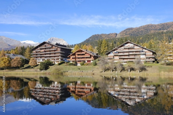Obraz View of Crans-Montana in Switzerland over the lake with Alps peaks in the background
