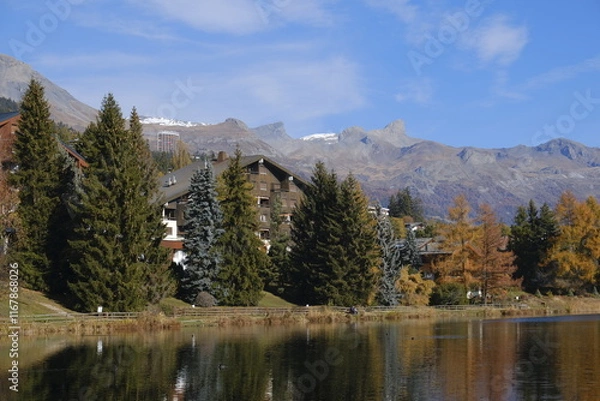 Obraz View of Crans-Montana in Switzerland over the lake with Alps peaks in the background