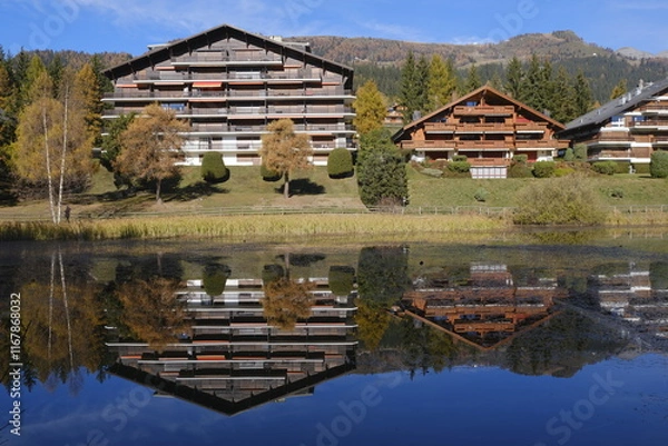 Obraz View of Crans-Montana in Switzerland over the lake with Alps peaks in the background