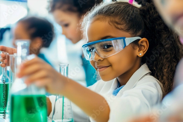 Fototapeta A young girl wearing safety goggles and a lab coat conducts a science experiment with green liquid in a beaker, surrounded by other children in a school laboratory, showcasing STEM education.