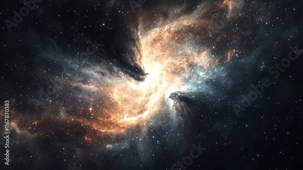 Fototapeta Interstellar Wanderer: Black Celestial Form Drifting Before Swirling Nebula's Cosmic Glow