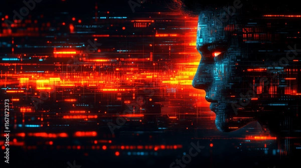 Obraz A futuristic digital face with glowing circuits and vibrant red and blue lights, symbolizing artificial intelligence, machine learning, and the integration of technology with humanity.