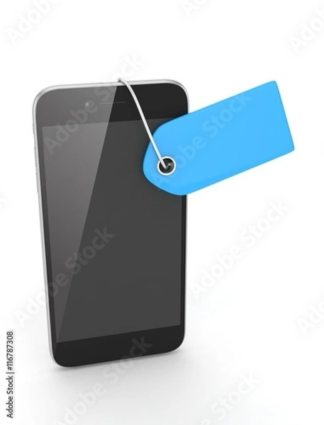 Fototapeta Smart phone with blue price tag on white background. Identification, price, label. 3D rendering.
