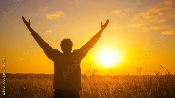 Fototapeta Embracing Freedom: Silhouette of a Joyful Person Standing in Field with Arms Raised at Sunset