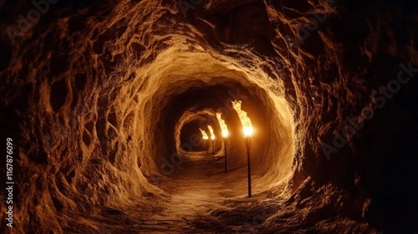 Obraz Dimly lit cave tunnel with torches illuminating path.