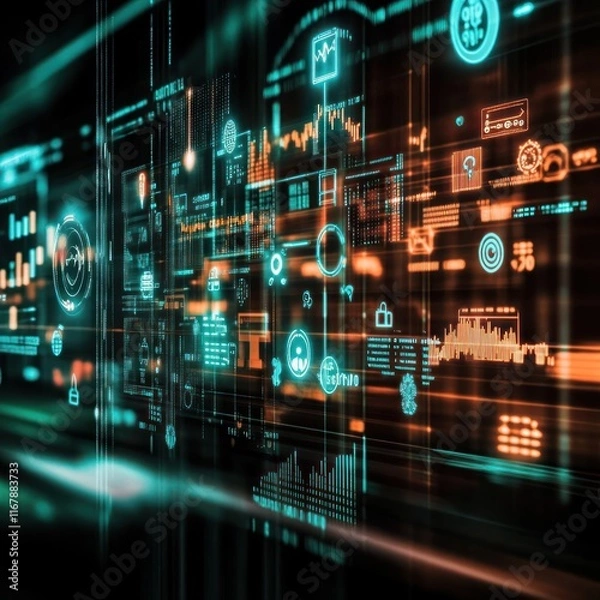 Fototapeta A digital interface displaying various data visualizations and analytics.