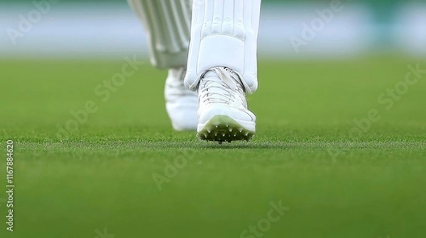 Fototapeta Precision Footwork in Cricket: Close-Up of Batsman's Feet Swinging in Dynamic Motion on Textured Grass Field