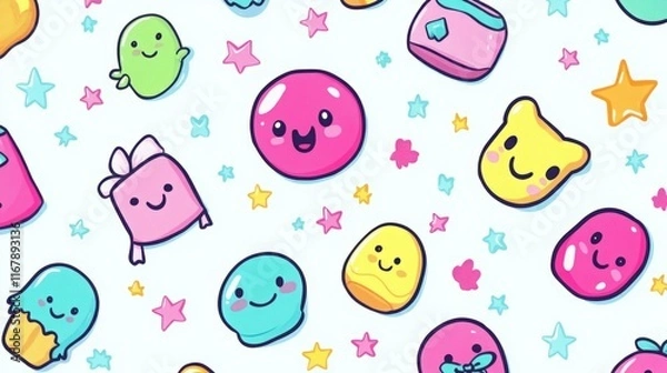 Fototapeta Adorable kawaii characters and stars on a pastel background. Sweet and playful design.