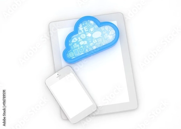 Fototapeta tablet pc, smart phone and cloud. 3d rendering.