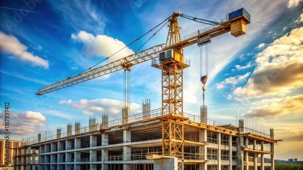 Fototapeta Crane building a construction site, crane, construction, site, building, development, industry, progress, urban