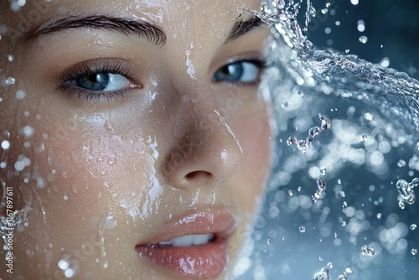 Obraz Close-up Portrait of a Woman's Face with Water Splashes
