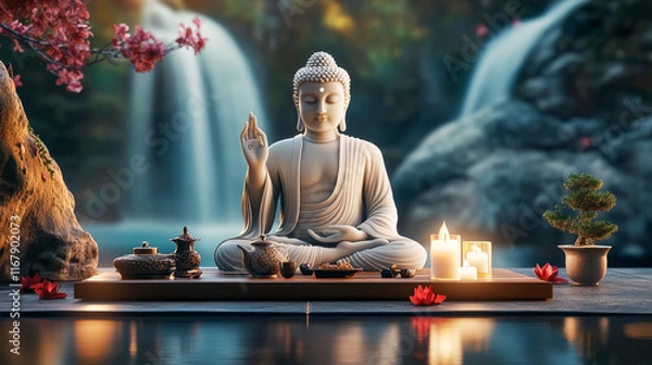 Fototapeta Serene Buddha Statue by a Waterfall with Zen Decor and Candles