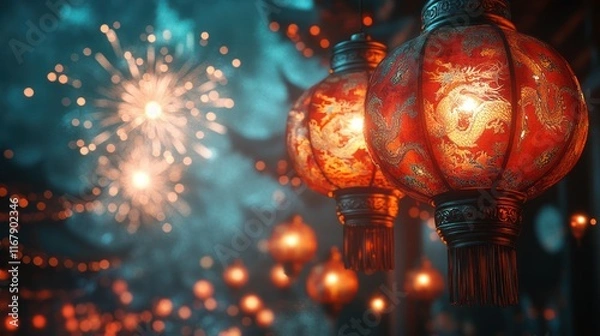 Obraz Festive red lanterns with dragon designs illuminate a night scene with fireworks.