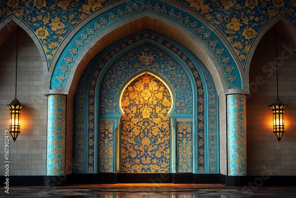 Fototapeta An ornate prayer niche (mihrab) adorned with vibrant tiles and Arabic calligraphy, softly illuminated by glowing lanterns. Islamic 3d background.