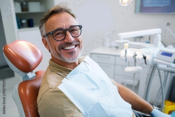 Fototapeta Smiling middle-aged man enjoys his dental checkup in a modern clinic during the daytime
