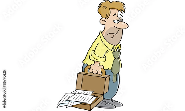 Fototapeta Cartoon illustration of an tired man with an open briefcase.